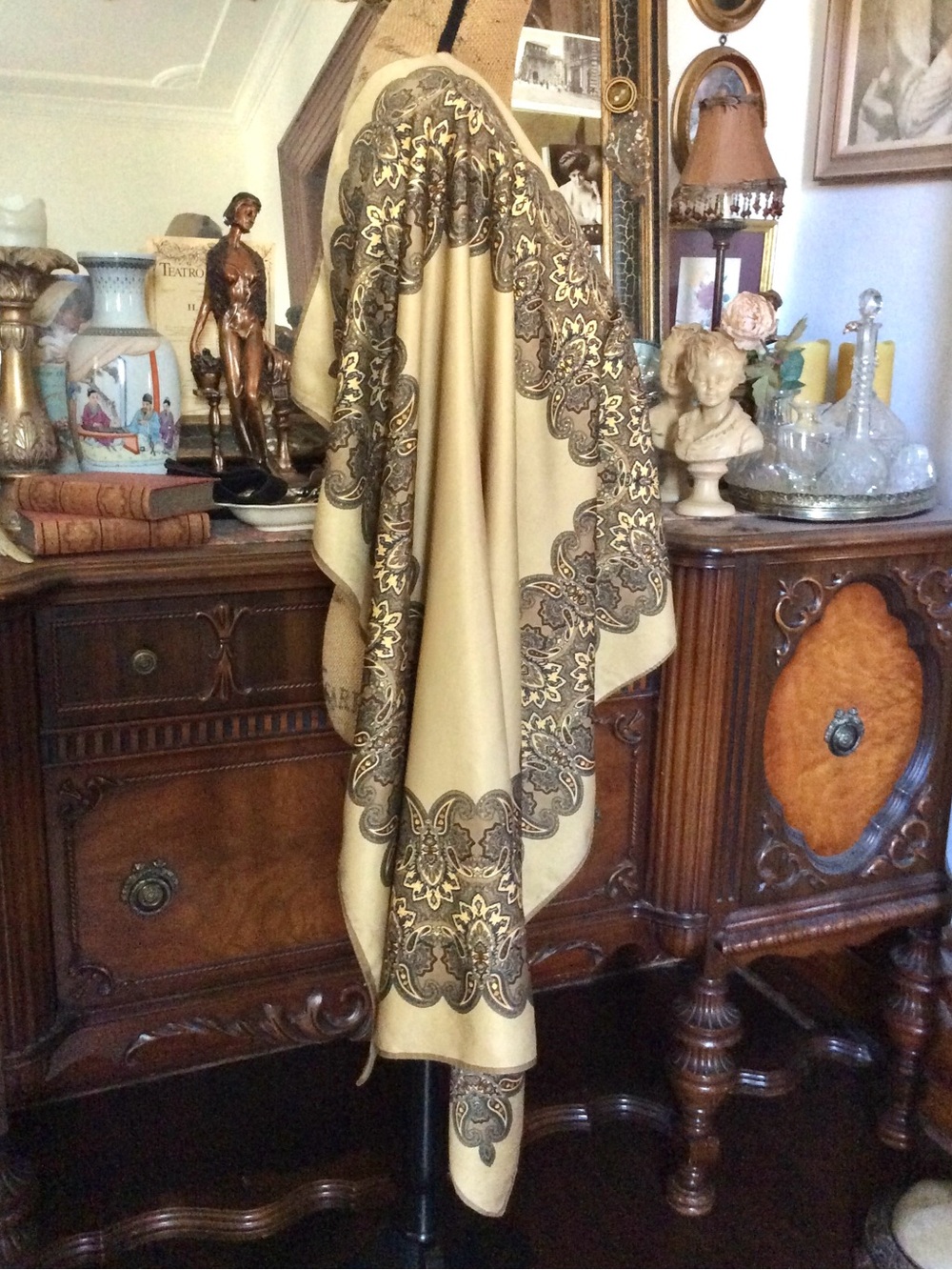 Vintage 30's-inspo Gold Tan Satin Paisley Boho Hippie Gypsy RL-Vibes Scarf Shawl